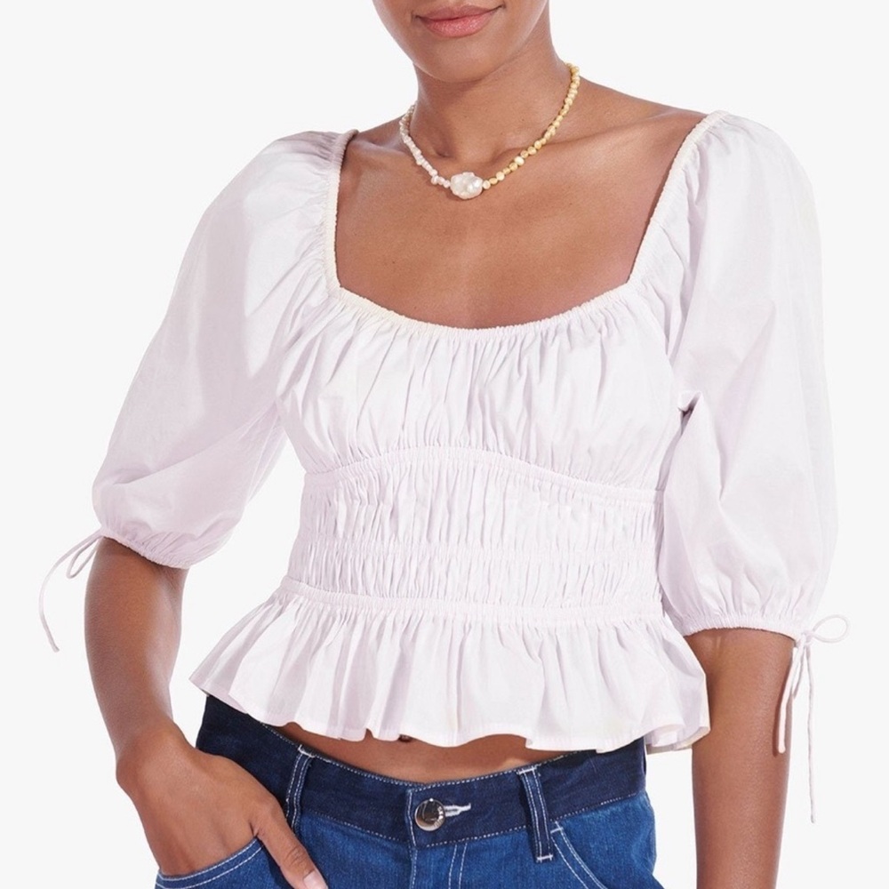 STAUD Faye Puff Sleeve Smocked Peasant Top